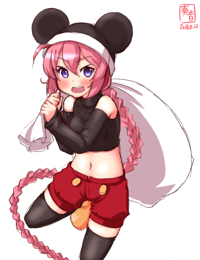 1girl alternate_costume animal_ears artist_logo black_legwear blue_eyes braid breasts cosplay cowboy_shot crop_top dated detached_sleeves disney eyebrows_visible_through_hair hair_between_eyes highres kanon_(kurogane_knights) kantai_collection long_hair looking_at_viewer mickey_mouse mickey_mouse_(cosplay) mickey_mouse_ears mouse_ears mouse_tail navel nenohi_(kantai_collection) open_mouth pink_hair red_shorts sack shorts simple_background single_braid small_breasts solo tail thigh-highs turtleneck white_background yellow_footwear