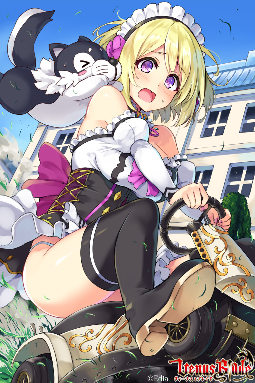 1girl :o animal animal_on_shoulder ass bangs bare_shoulders black_footwear blonde_hair blush boots breasts building copyright_request creature day dress driving grass ground_vehicle hair_ribbon highres hisenkaede juliet_sleeves large_breasts leaves_in_wind long_sleeves looking_at_viewer maid_headdress motor_vehicle motorcycle nail_polish off-shoulder_dress off_shoulder official_art open_mouth outdoors panties pink_nails puffy_sleeves purple_ribbon ribbon short_hair sidelocks solo sweatdrop thigh-highs thigh_boots tree underbust underwear venus_blade violet_eyes watermark white_dress white_panties window