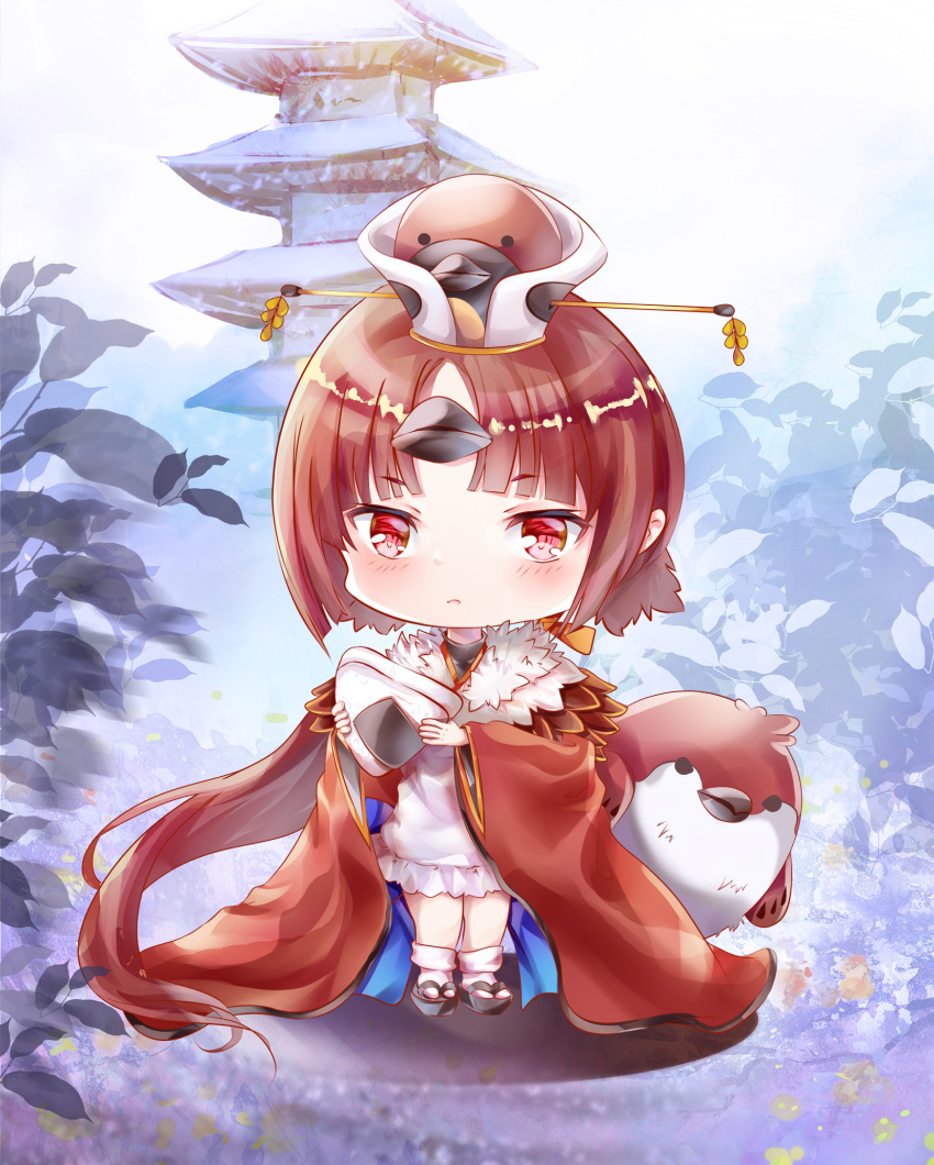 1girl animal apron bangs benienma_(fate/grand_order) bird black_footwear blush bobby_socks brown_hair brown_hat brown_kimono building chibi closed_mouth commentary_request eyebrows_visible_through_hair fate/grand_order fate_(series) food frilled_apron frills hat highres holding japanese_clothes kimono long_hair long_sleeves low_ponytail mutang onigiri parted_bangs ponytail red_eyes socks solo stuffed_toy very_long_hair white_apron white_legwear wide_sleeves zouri
