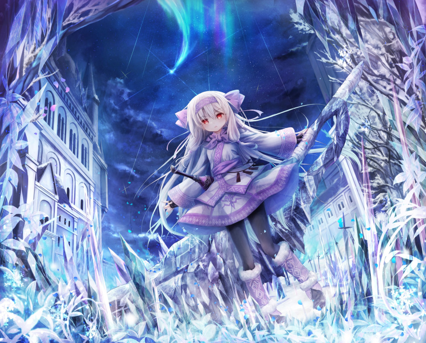 1girl ainu_clothes aurora bangs black_gloves black_legwear boots bow brown_footwear castle clouds commentary_request crystal eyebrows_visible_through_hair falling_star fate/grand_order fate_(series) fingerless_gloves fur_trim gloves hair_between_eyes hair_bow hair_tubes highres illyasviel_von_einzbern leg_warmers light_brown_hair long_hair long_sleeves night night_sky outdoors pantyhose petals pink_bow planted_sword planted_weapon red_eyes sidelocks sitonai sky snowflakes solo standing star_(sky) starry_sky sword tower utatanecocoa very_long_hair weapon wide_sleeves