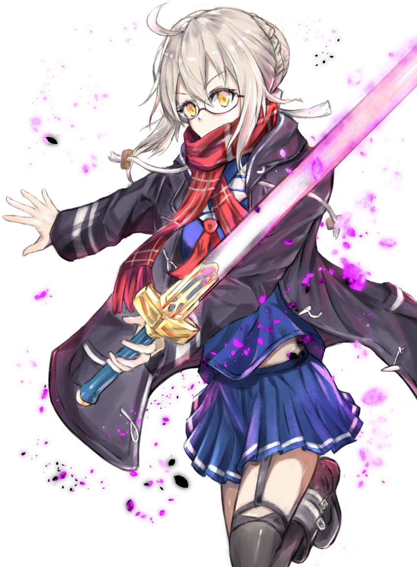 1girl absurdres ahoge artoria_pendragon_(all) black_coat black_legwear blue_shirt blue_skirt braided_bun coat eyebrows_visible_through_hair fate/grand_order fate_(series) glasses hair_between_eyes highres holding holding_sword holding_weapon miniskirt mysterious_heroine_x_(alter) necktie open_clothes open_coat pleated_skirt red_neckwear red_scarf ryoma_illust scarf scarf_over_mouth school_uniform shiny shiny_hair shirt sidelocks silver_hair skirt solo sword thigh-highs v-shaped_eyebrows weapon white_background yellow_eyes zettai_ryouiki