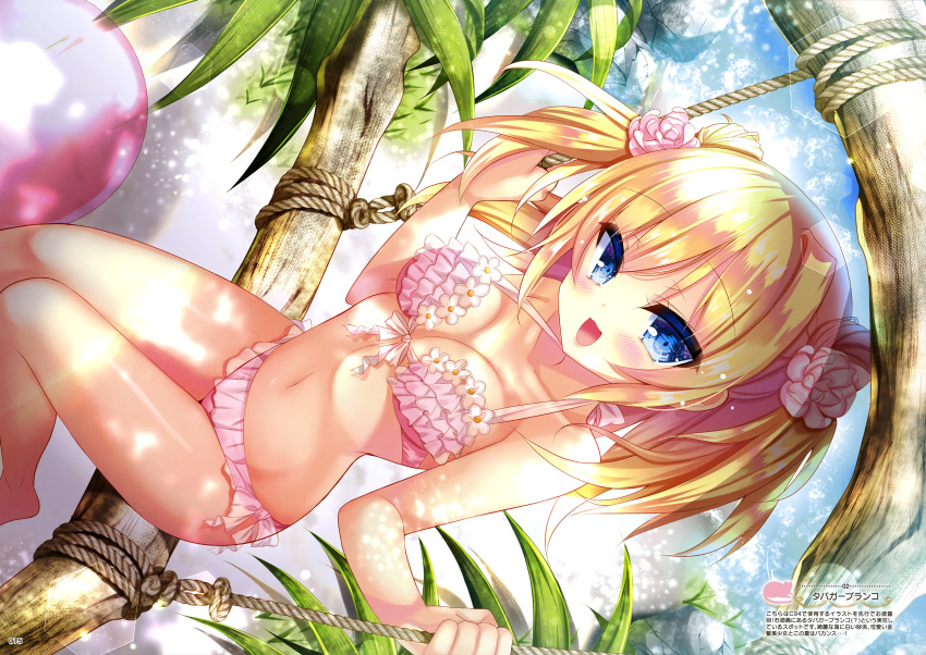 1girl absurdres ball beach beachball bikini blonde_hair blue_eyes breasts cleavage highres i'l_(magazine) medium_breasts medium_hair nae-nae navel original smile solo swimsuit