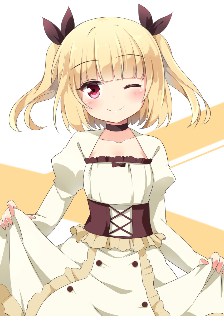 1girl absurdres agung_syaeful_anwar bangs blonde_hair blunt_bangs blush bow closed_mouth commentary_request dress eyebrows_visible_through_hair flat_chest hair_bow highres iijima_yun juliet_sleeves long_sleeves looking_at_viewer new_game! one_eye_closed puffy_sleeves red_eyes short_hair skirt_hold smile solo twintails underbust white_dress