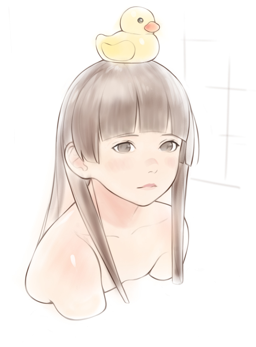 1girl absurdres bangs bath bathing bathtub blunt_bangs brown_eyes brown_hair closed_mouth commentary english_commentary highres light_smile long_hair looking_at_viewer luimiart nude original partially_translated rubber_duck smile solo translation_request