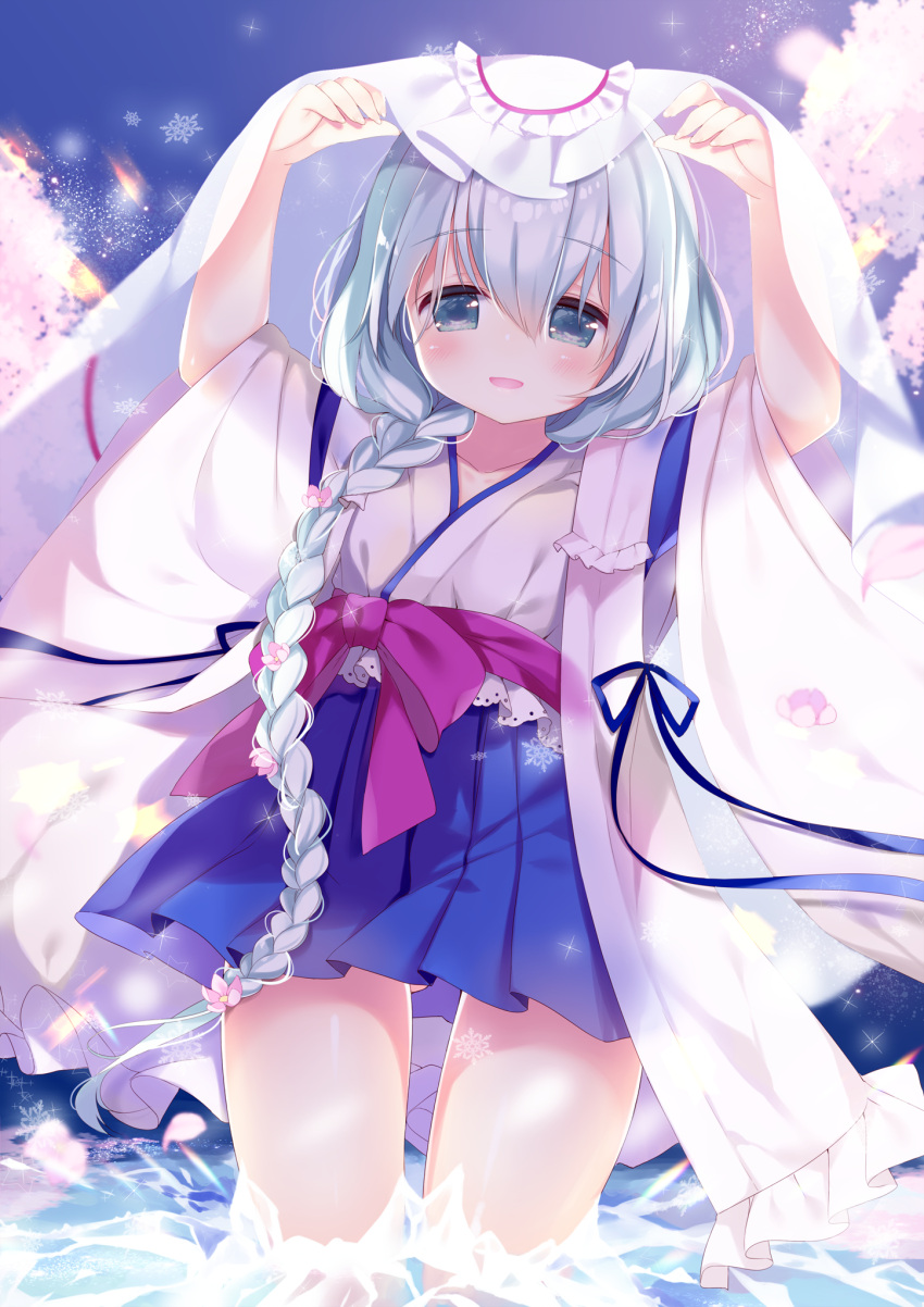 1girl :d ame_usari arms_up ass_visible_through_thighs bangs blue_eyes blue_ribbon blue_skirt blurry blurry_background blush bow braid commentary_request depth_of_field eyebrows_visible_through_hair fingernails flower hair_between_eyes hair_flower hair_ornament hair_over_shoulder highres japanese_clothes kimono long_hair long_sleeves looking_at_viewer open_mouth pink_flower pleated_skirt purple_bow ribbon see-through short_kimono sidelocks silver_hair single_braid skirt smile snowflakes solo sound_voltex sparkle veil very_long_hair wading water white_kimono wide_sleeves
