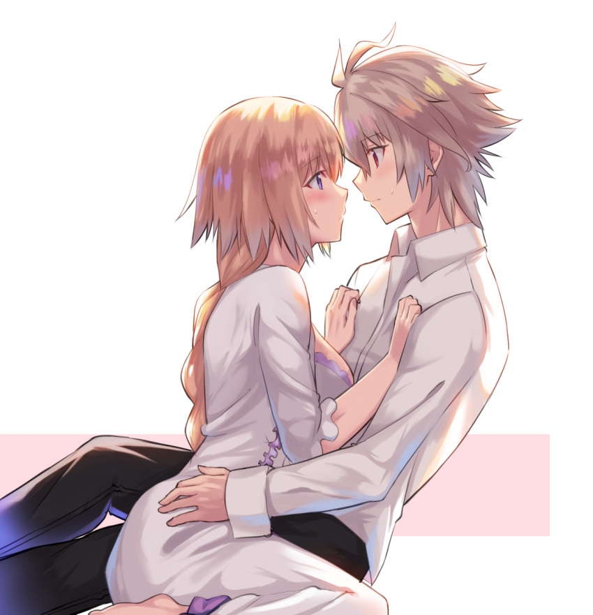 1boy 1girl ahoge black_pants blonde_hair blush breasts brown_eyes couple dress eye_contact fate/apocrypha fate/grand_order fate_(series) grey_hair highres imminent_kiss jeanne_d'arc_(fate) jeanne_d'arc_(fate)_(all) large_breasts long_hair looking_at_another nyorotono pants shirt sieg_(fate/apocrypha) sitting sweatdrop violet_eyes white_dress white_shirt