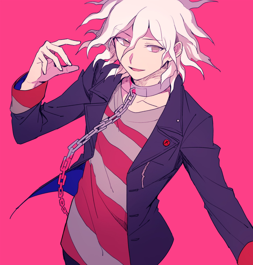 1boy aokiku arm_up black_jacket chain chained chains collar collarbone commentary_request dangan_ronpa eyebrows_visible_through_hair hair_between_eyes highres jacket komaeda_nagito looking_to_the_side medium_hair multicolored_shirt open_clothes open_jacket open_mouth out_of_frame pink_background pink_eyes shirt simple_background solo striped striped_shirt super_dangan_ronpa_2 upper_body white_hair