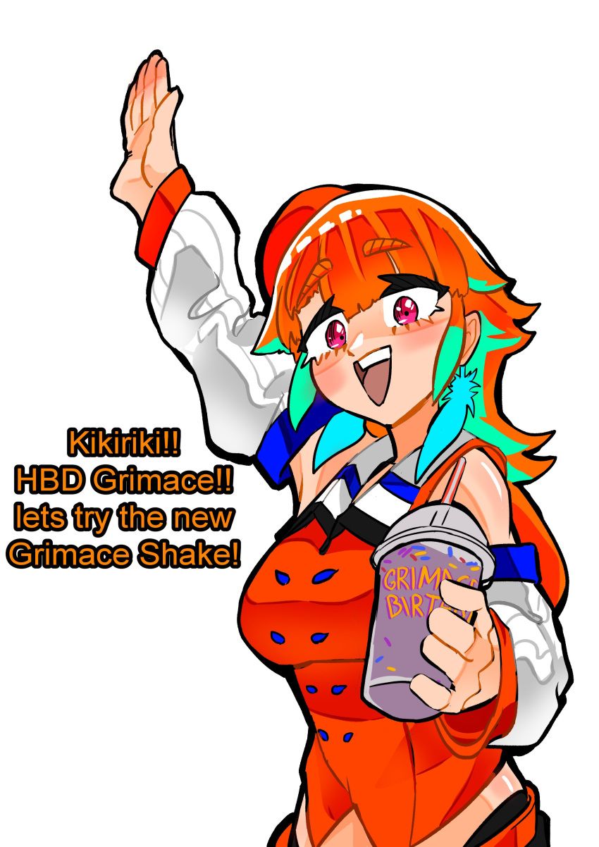 1girl absurdres beret cup detached_sleeves disposable_cup english_commentary english_text grimace_shake_(meme) hat highres holding holding_cup hololive hololive_english koizumi_arata long_hair long_sleeves meme open_mouth orange_hair pink_eyes simple_background smile smoothie solo takanashi_kiara takanashi_kiara_(1st_costume) talking virtual_youtuber waving white_background