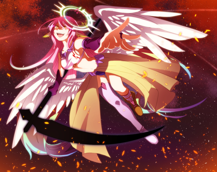 1girl angel_wings artist_request breasts bridal_gauntlets commentary_request crop_top cross evil_smile feathered_wings full_body gradient_hair halo holding holding_weapon jibril_(no_game_no_life) long_hair low_wings magic_circle medium_breasts midriff mismatched_legwear multicolored multicolored_eyes multicolored_hair navel no_game_no_life open_mouth orange_eyes pink_hair scythe shoes sideboob single_shoe smile solo symbol-shaped_pupils very_long_hair weapon white_wings wing_ears wings yellow_eyes