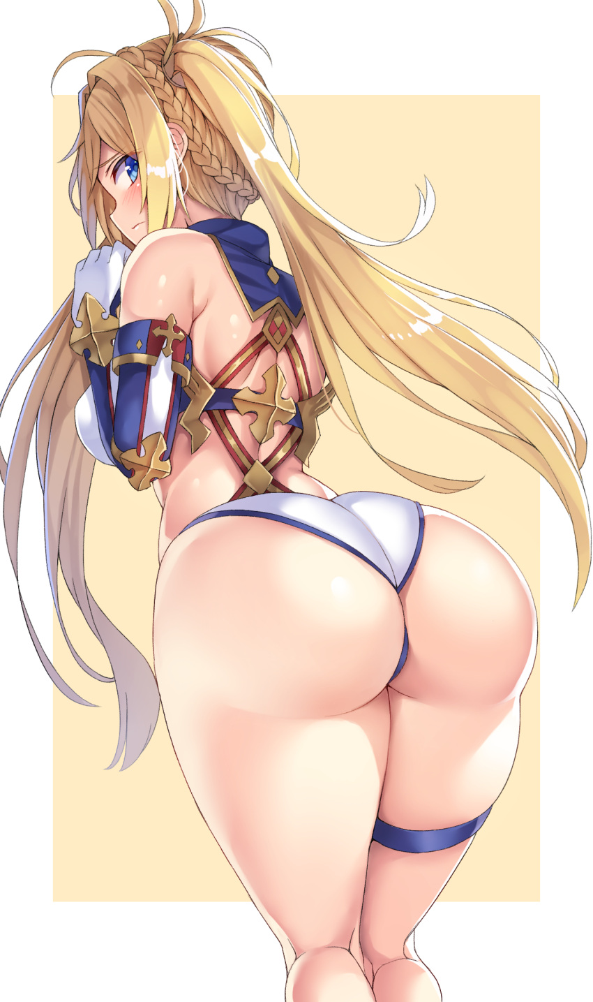 1girl ass back bangs bare_shoulders beeyan bikini blonde_hair blue_eyes blush border bradamante_(fate/grand_order) braid breasts closed_mouth elbow_gloves fate/grand_order fate_(series) french_braid gloves highres hips large_breasts long_hair looking_at_viewer simple_background solo swimsuit thigh_strap thighs twintails very_long_hair white_bikini white_border yellow_background