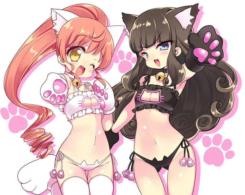 2girls ;d animal_ear_fluff animal_ears aqua_eyes bangs bell bell_choker big_hair black_choker blunt_bangs blush_stickers breasts cat_ears cat_feet cat_girl cat_lingerie cat_paws choker cleavage cleavage_cutout commentary curly_hair drop_shadow fang gluteal_fold head_tilt jingle_bell kurosu_aroma looking_at_viewer medium_breasts meme_attire multiple_girls navel one_eye_closed open_mouth orange_hair paw_print paws pretty_(series) pripara reaching_out shiratama_mikan simple_background smile thigh-highs thigh_gap v-shaped_eyebrows white_background white_choker white_legwear yellow_eyes