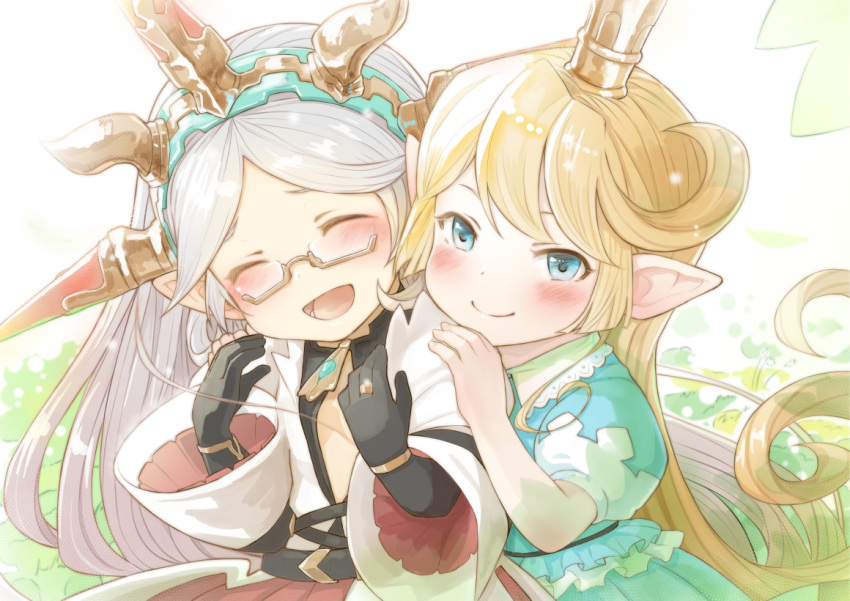 2girls :d ^_^ black_gloves blonde_hair blue_eyes blush bracelet charlotta_fenia closed_eyes closed_eyes commentary_request crown dress elbow_gloves facing_viewer glasses gloves granblue_fantasy green_dress hairband hands_on_another's_shoulders happy harvin jewelry long_hair looking_at_viewer multiple_girls open_mouth pointy_ears puffy_short_sleeves puffy_sleeves ring semi-rimless_eyewear short_sleeves silver_hair smile under-rim_eyewear very_long_hair walkalone wide_sleeves zahlhamelina