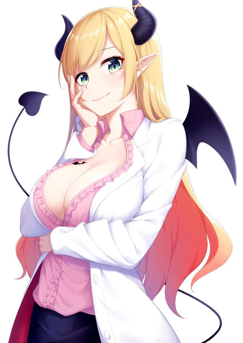 1girl absurdres bangs blonde_hair breast_tattoo breasts cleavage demon_girl demon_horns demon_tail eyebrows_visible_through_hair green_eyes hand_on_own_cheek highres hololive horns large_breasts long_hair long_sleeves looking_at_viewer ochiai_miyabi pointy_ears smile solo succubus swept_bangs tail tattoo virtual_youtuber wings yuzuki_choco
