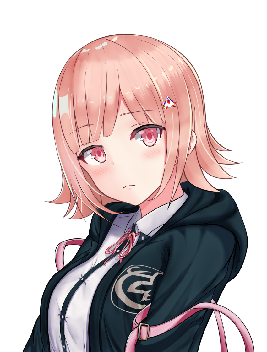 1girl backpack bag black_hoodie blush breasts closed_mouth commentary_request dangan_ronpa eyebrows_visible_through_hair flipped_hair frown hair_ornament hairclip highres hood hoodie large_breasts looking_at_viewer nanami_chiaki open_mouth pink_eyes pink_hair pink_ribbon ribbon shirt short_hair simple_background solo super_dangan_ronpa_2 white_background white_shirt y3010607