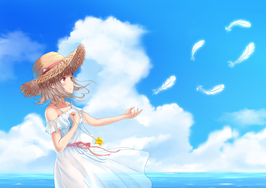 1girl bangs bare_arms bare_shoulders blue_sky breasts commentary_request dangan_ronpa dress eyebrows_visible_through_hair feathers flipped_hair flying hair_ornament hairclip hat highres holding invisible jewelry jewelry_removed large_breasts nanami_chiaki necklace necklace_removed ocean open_eyes pink_eyes pink_hair short_hair sky sleeveless smile solo star star_necklace sun_hat super_dangan_ronpa_2 water white_dress white_feathers wind y3010607