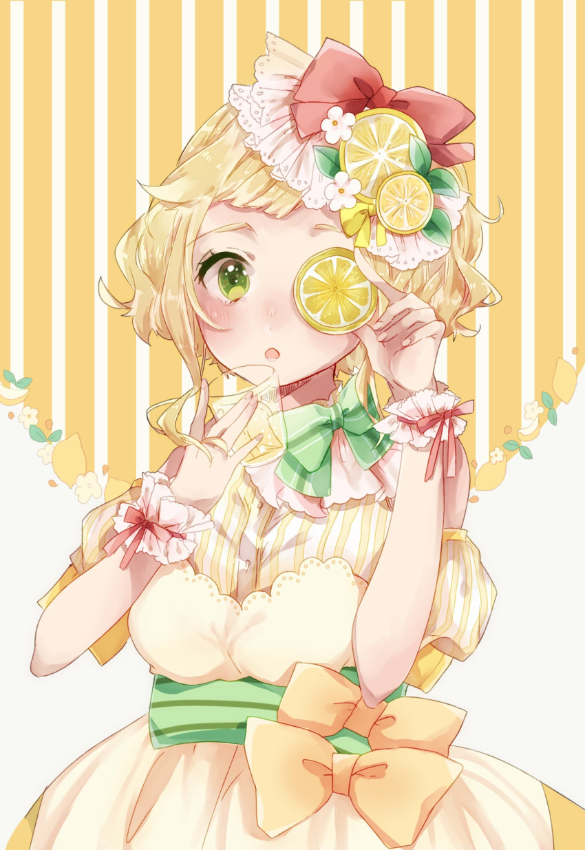 1girl :o bangs blonde_hair blush bow commentary_request covering_one_eye cup detached_sleeves dress flower food food_themed_hair_ornament fruit green_bow green_eyes hair_bow hair_ornament highres holding holding_cup lemon lemon_hair_ornament lemon_slice lemonade looking_at_viewer mizuki_cream original personification pink_ribbon red_bow ribbon sash short_hair short_sleeves solo striped striped_background striped_bow vertical-striped_background vertical_stripes wrist_cuffs yellow_bow yellow_dress