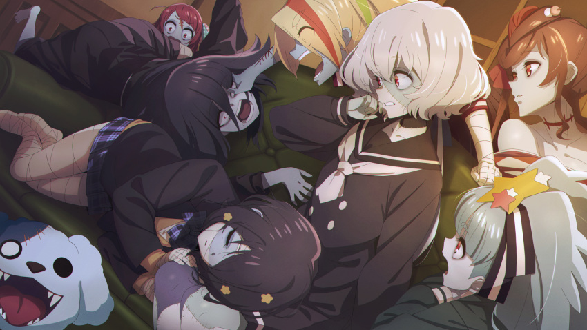 6+girls bajima_shouhei bandage black_hair blonde_hair blue_hair blue_skin bow checkered checkered_kimono clenched_hand couch dango_hair_ornament eyebrows_visible_through_hair facial_scar fangs food_themed_hair_ornament forehead_scar grabbing grey_hair hair_between_eyes hair_bow hair_ornament hair_over_one_eye hair_ribbon hand_on_another's_shoulder hands_together heart heart_in_mouth highres holding hoshikawa_lily jacket japanese_clothes jewelry kimono konno_junko lap_pillow letterman_jacket long_hair long_sleeves looking_at_viewer low_twintails lying minamoto_sakura mizuno_ai multicolored_hair multiple_girls neck_scar nikaidou_saki open_mouth patchwork_skin plaid plaid_skirt pleated_skirt polka_dot ponytail rag reaching_out red_eyes redhead revision ribbon romero_(zombie_land_saga) scar scared school_uniform short_hair skirt sleeping smile star star_hair_ornament stitches streaked_hair teeth twintails v v-shaped_eyebrows yamada_tae yuugiri_(zombie_land_saga) zombie zombie_land_saga
