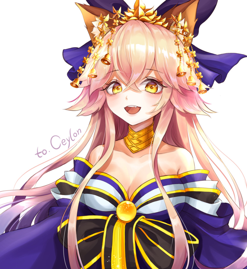 1girl animal_ear_fluff animal_ears aseris bare_shoulders blue_ribbon breasts cleavage collarbone crown fang fate/grand_order fate_(series) fox_ears fox_girl hair_ribbon highres japanese_clothes large_breasts long_hair looking_at_viewer open_mouth pink_hair ribbon simple_background solo tamamo_(fate)_(all) tamamo_no_mae_(fate) very_long_hair white_background yellow_eyes
