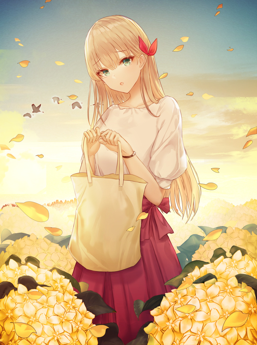 1girl :o absurdres animal aqua_eyes bag bangs bird blonde_hair blue_sky bosumonki bracelet collarbone commentary_request day eyebrows_visible_through_hair flock flower hair_between_eyes hair_ribbon hands_up head_tilt highres holding holding_bag hydrangea jewelry leaf leaves_in_wind long_hair long_skirt looking_at_viewer original outdoors parted_lips puffy_short_sleeves puffy_sleeves red_ribbon red_skirt ribbon shirt short_sleeves skirt sky solo standing white_shirt yellow yellow_flower