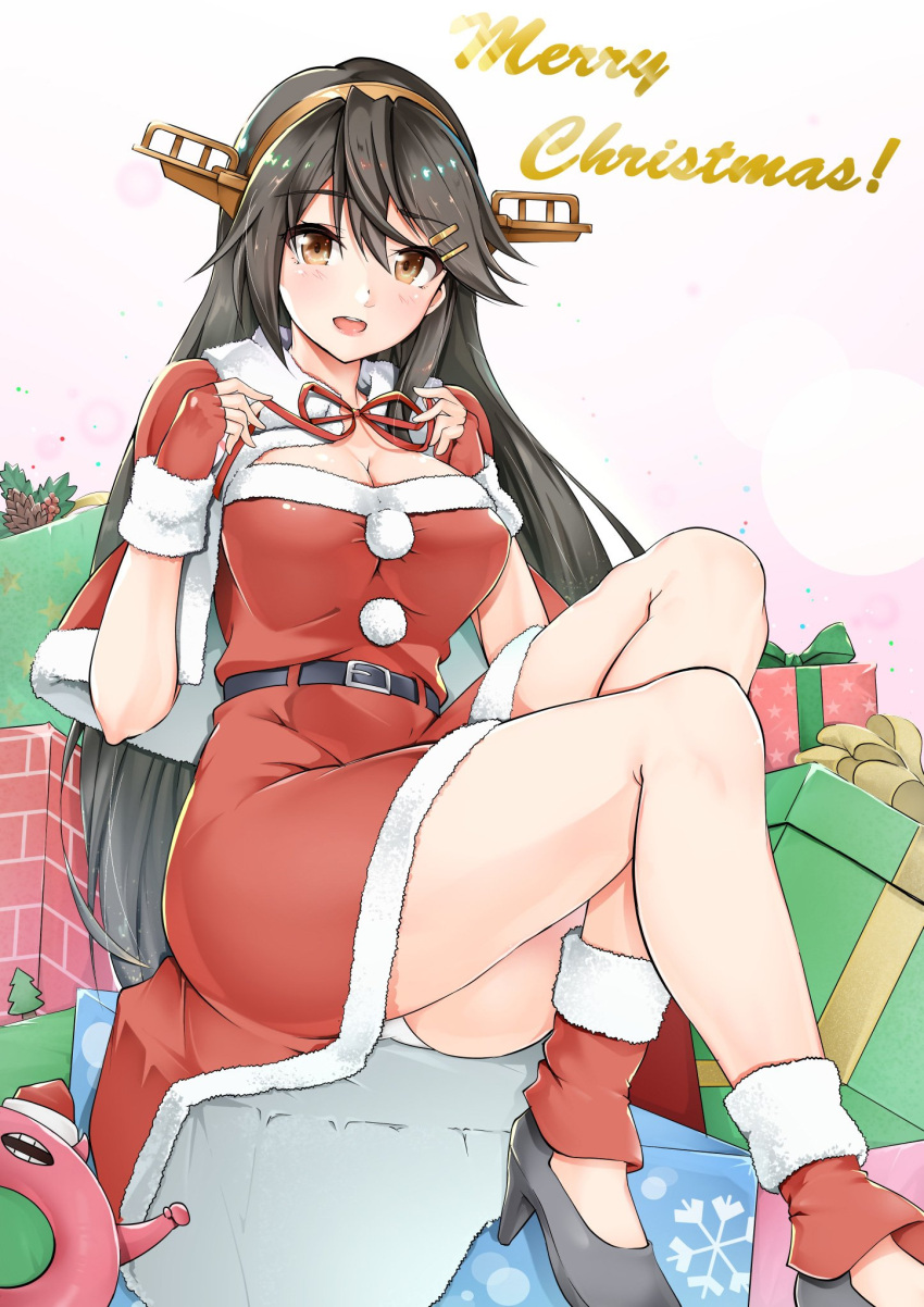 1girl alternate_costume belt black_footwear black_hair breasts brown_eyes chimney cleavage dress fingerless_gloves full_body fur-trimmed_dress fur_trim gift gloves hairband haruna_(kantai_collection) headgear highres kantai_collection leg_warmers long_hair looking_at_viewer merry_christmas off-shoulder_dress off_shoulder open_mouth pumps red_dress red_gloves sezoku simple_background smile solo white_background