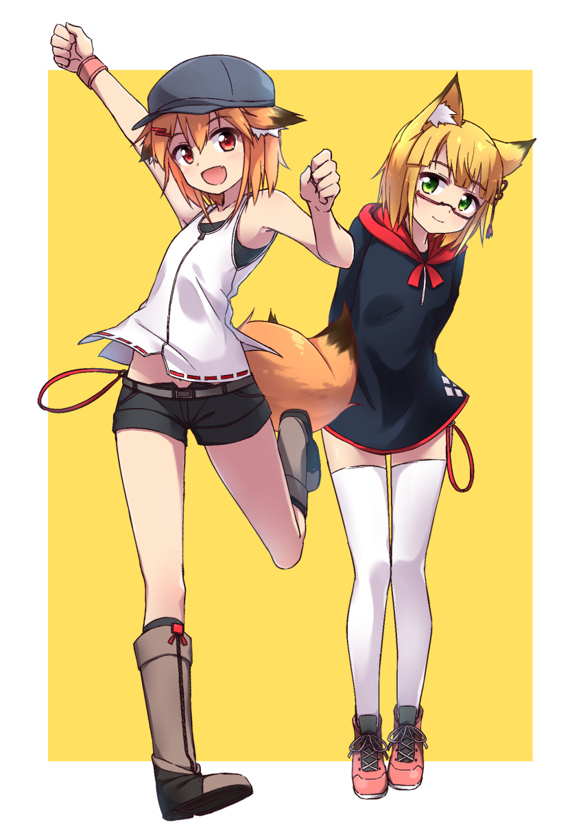 2girls :d animal_ear_fluff animal_ears arm_up bangs bare_arms bare_shoulders baseball_cap belt belt_buckle black_dress black_shorts blonde_hair blush boots brown_belt brown_footwear buckle closed_mouth commentary_request dress eyebrows_visible_through_hair fang fox_ears green_eyes grey_hat hair_between_eyes hair_ornament hairclip hat highres hood hood_down hooded_dress knee_boots minowa_sukyaru multiple_girls open_mouth original red_eyes shoes short_shorts shorts smile standing standing_on_one_leg tassel thigh-highs two-tone_background white_background white_legwear white_tank_top yellow_background