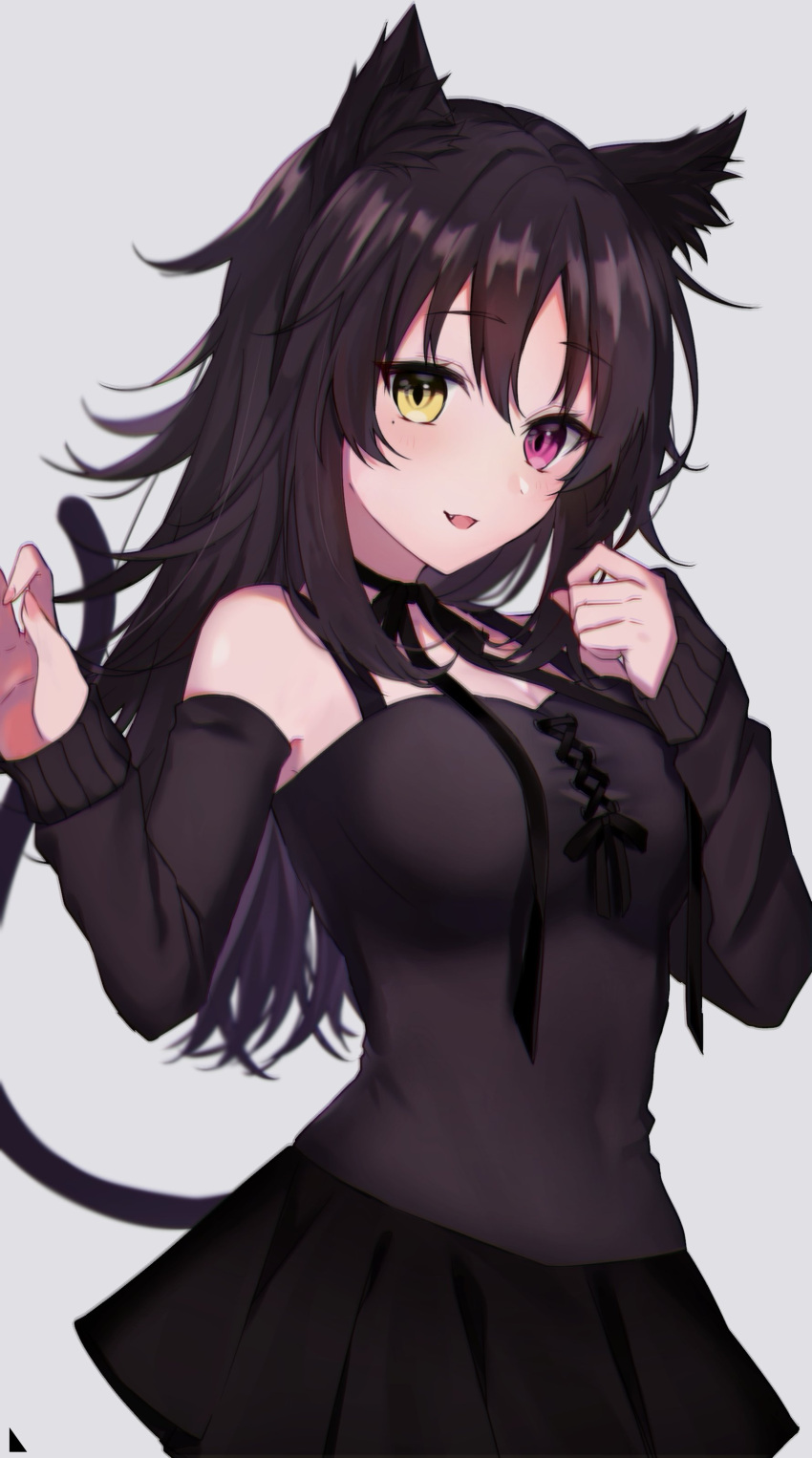 1girl absurdres animal_ears black_dress black_hair breasts cat_ears dress eyebrows_visible_through_hair fang heterochromia highres long_hair looking_at_viewer medium_breasts messy_hair mole mole_under_eye neck_ribbon open_mouth original pink_eyes ribbon smile solo standing tail white_background yellow_eyes yoshi_o01