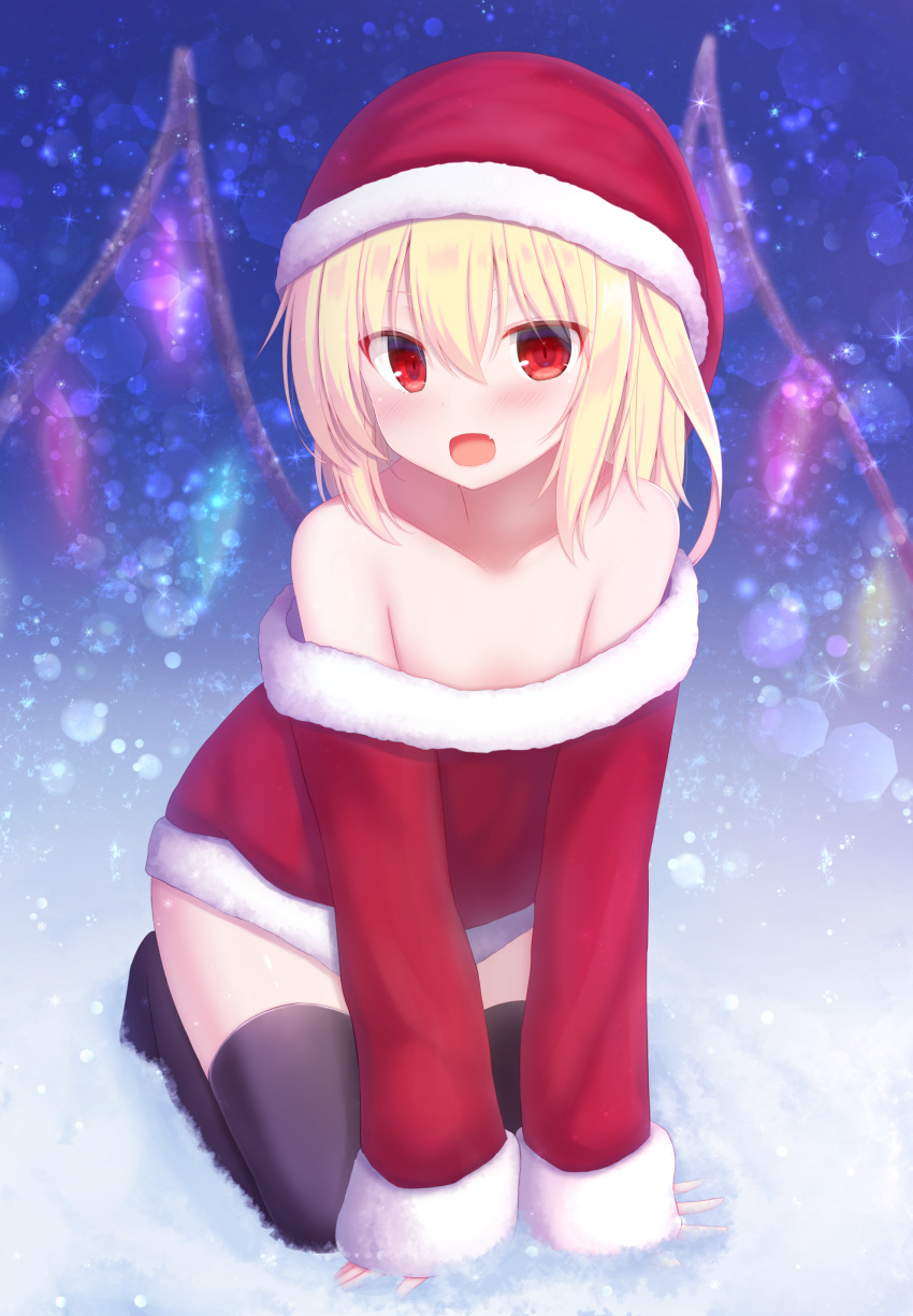 1girl :o arm_support bangs bare_shoulders black_legwear blonde_hair blurry blush bokeh christmas collarbone depth_of_field dress fang firepo flandre_scarlet full_body fur-trimmed_sleeves fur_trim hair_between_eyes hat highres kneeling leaning_forward long_sleeves looking_at_viewer no_shoes off-shoulder_dress off_shoulder open_mouth red_dress red_eyes red_hat santa_costume santa_hat short_hair sleeves_past_wrists solo thigh-highs touhou