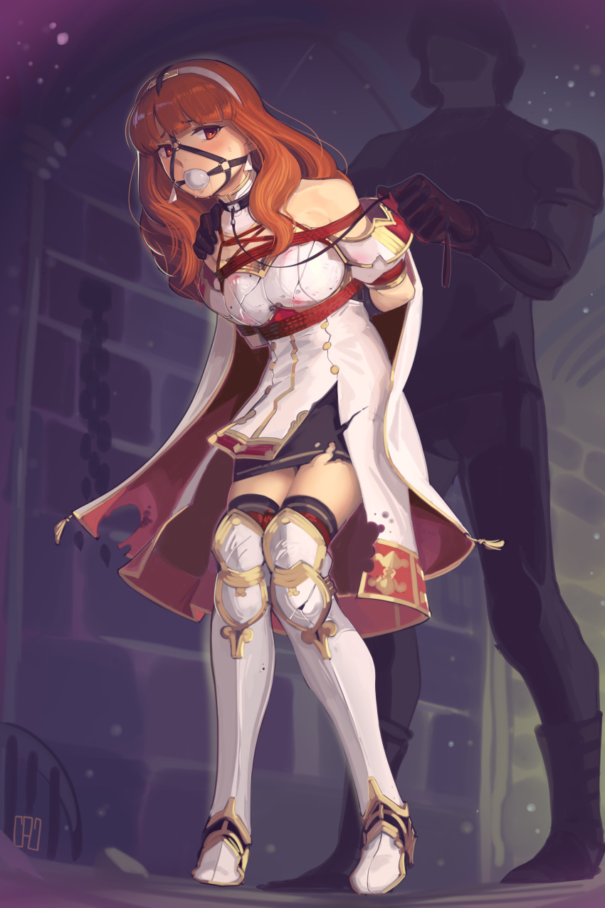 1girl absurdres arms_behind_back ball_gag boots bound cape celica_(fire_emblem) collar fire_emblem fire_emblem_echoes:_shadows_of_valentia gag gagged hairband hand_on_another's_shoulder highres kaddo leash long_hair orange_eyes orange_hair red_rope restrained rope signature skirt soldier thigh-highs thigh_boots torn_clothes