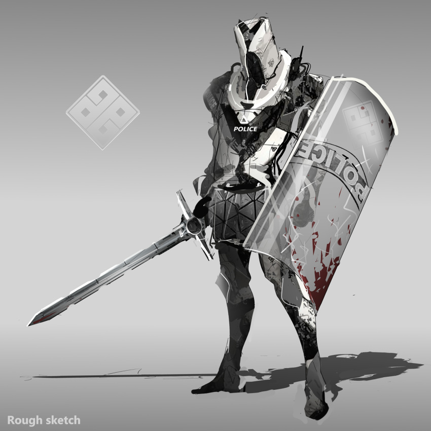 cyberpunk cyborg highres holding holding_shield holding_sword holding_weapon original police police_uniform riot_shield shield swav sword uniform weapon