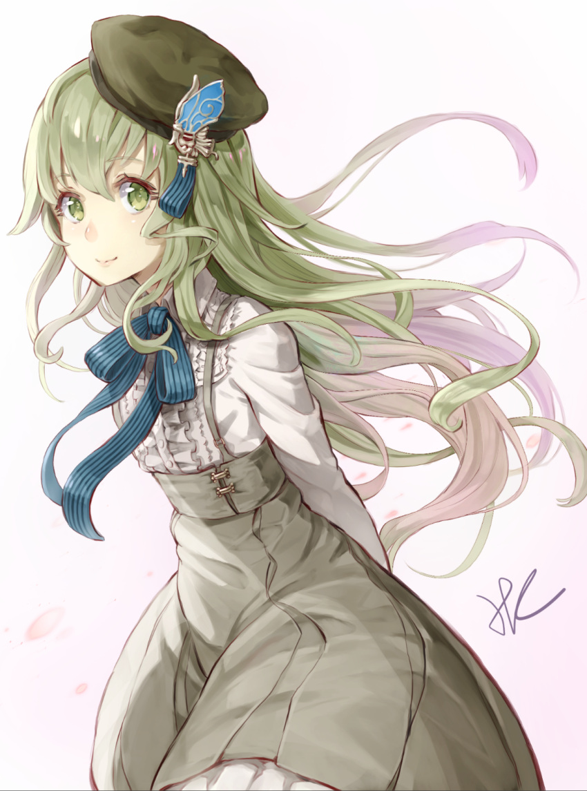 1girl bangs blue_neckwear blue_ribbon brown_hat closed_mouth collared_shirt commentary_request floating_hair green_eyes green_hair grey_skirt hair_ornament hat high-waist_skirt highres hoshizaki_reita leaning_forward long_hair long_sleeves looking_at_viewer multicolored_hair neck_ribbon pink_hair pinocchio_(sinoalice) ribbon shirt signature sinoalice skirt smile solo white_shirt wing_collar