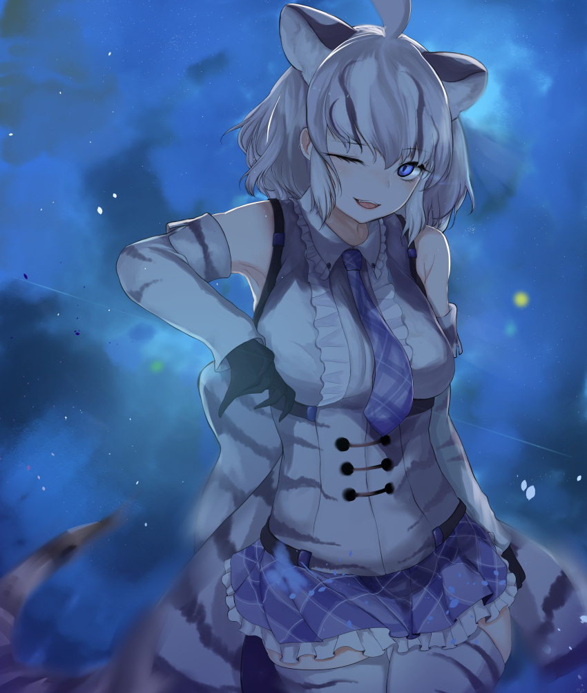 1girl absurdres animal_ears black_gloves blue_eyes blue_neckwear blue_skirt cave_lion_(kemono_friends) clouds collared_shirt cowboy_shot detached_sleeves dnsdltkfkd empty_eyes extra_ears eyebrows_visible_through_hair frilled_shirt frilled_shirt_collar frilled_skirt frills gloves highres kemono_friends lion_ears lion_tail looking_at_viewer miniskirt multicolored_hair necktie night night_sky one_eye_closed outdoors plaid plaid_neckwear plaid_skirt shirt skirt sky sleeveless sleeveless_shirt solo star_(sky) streaked_hair tail white_hair