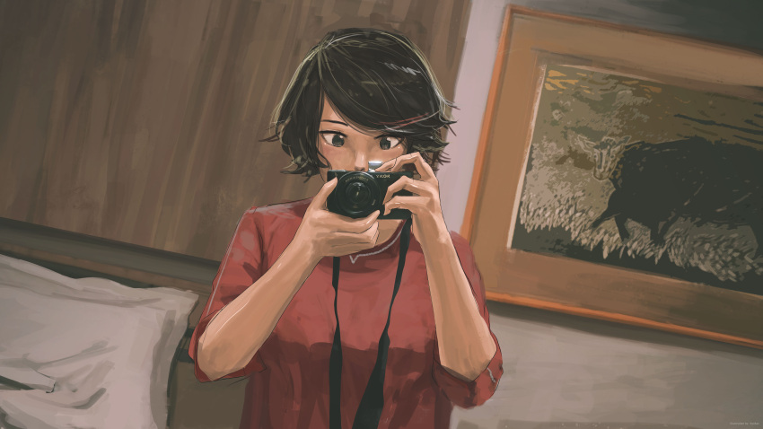 1girl absurdres black_eyes black_hair camera faiz_azhar highres holding holding_camera indoors original painting_(object) red_sweater solo sweater taking_picture upper_body