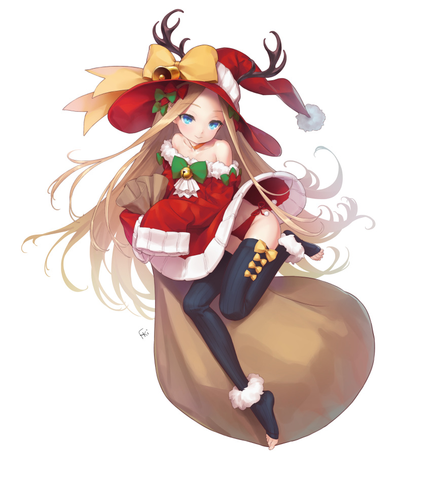 1girl abigail_williams_(fate/grand_order) absurdres bangs bare_shoulders bell black_legwear blonde_hair blush bow choker christmas collarbone detached_sleeves dress fake_antlers fate/grand_order fate_(series) fishkitty forehead full_body fur-trimmed_dress fur-trimmed_sleeves fur_trim green_bow hair_bell hair_ornament hat hat_bow highres jingle_bell long_hair long_sleeves looking_at_viewer orange_choker panties parted_bangs red_bow red_dress red_panties redhead ribbed_legwear sack side-tie_panties simple_background sleeves_past_fingers sleeves_past_wrists smile solo thigh-highs toeless_legwear underwear very_long_hair white_background witch_hat yellow_bow