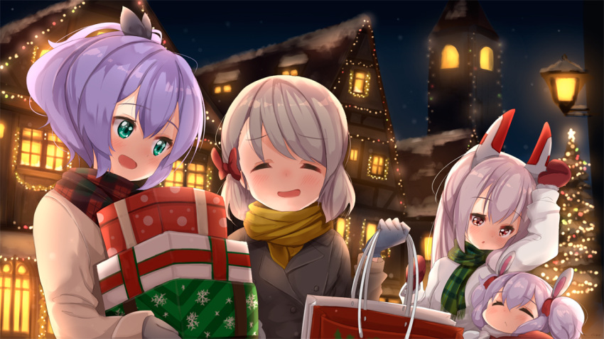 4girls :d ame. animal_ears ayanami_(azur_lane) azur_lane bag bangs black_ribbon blush bow box brown_coat brown_hair building christmas christmas_lights christmas_tree closed_eyes closed_mouth coat commentary_request eyebrows_visible_through_hair gift gift_box green_eyes green_scarf hair_between_eyes hair_bow hair_ribbon headgear high_ponytail holding holding_bag holding_gift jacket javelin_(azur_lane) laffey_(azur_lane) mittens multiple_girls night night_sky open_mouth outdoors paper_bag parted_lips plaid plaid_scarf ponytail purple_hair rabbit_ears red_bow red_eyes red_mittens red_scarf ribbon scarf shopping_bag sidelocks silver_hair sky smile twintails white_jacket window yellow_scarf z23_(azur_lane)