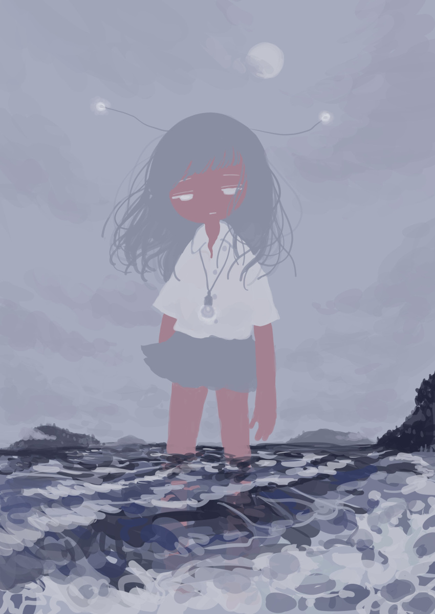 1girl absurdres antennae bangs clouds cloudy_sky collared_shirt glowing grey_hair grey_skirt grey_sky half-closed_eyes highres island jewelry long_hair looking_at_viewer necklace no_nose original outdoors partially_submerged shirt sizucomaru skirt sky solo standing water white_shirt