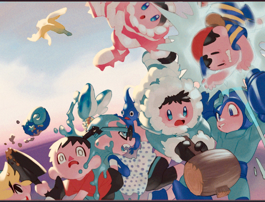 1girl 6+boys android arm_cannon axe banana_peel baseball_cap black_eyes black_hair blonde_hair blue_eyes blue_hair cleats doubutsu_no_mori fur_trim glasses hat helmet highres ice_climber inkling link mallet maro_bideru mittens mother_(game) mother_2 multiple_boys nana_(ice_climber) ness nintendo open_mouth parka pikmin_(creature) popo_(ice_climber) rockman_(character) shirt splatoon_(series) striped striped_shirt super_smash_bros. super_smash_bros._ultimate surprised tentacle_hair the_legend_of_zelda toon_link villager_(doubutsu_no_mori) weapon