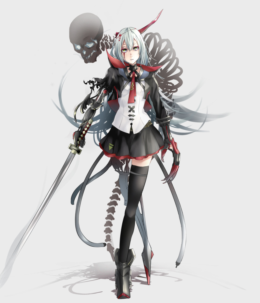 1girl claws crossed_legs facial_mark full_body green_eyes green_hair highres holding holding_sword holding_weapon katana legs_crossed long_hair looking_at_viewer necktie oni original parted_lips prosthesis prosthetic_arm prosthetic_leg shadow shirt simple_background skeleton skirt solo sword tai_(user_wvjf5284) torn_clothes watson_cross weapon white_shirt