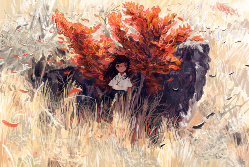 1girl abstract absurdres bangs black_hair black_skirt collared_shirt grass highres jewelry leaf long_hair looking_at_viewer necklace no_nose original outdoors plant shirt short_sleeves sizucomaru skirt smile solo white_shirt wind
