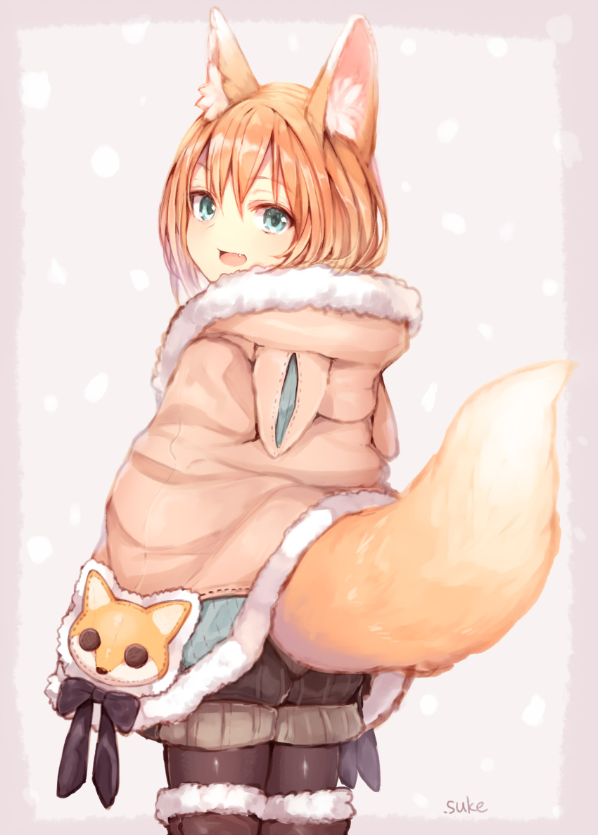 1girl :d animal_ear_fluff animal_ears animal_hood black_ribbon blonde_hair boots eyebrows_visible_through_hair fang fox_ears fox_tail from_behind fur-trimmed_boots fur-trimmed_jacket fur_trim green_eyes grey_legwear highres hood hood_down jacket looking_at_viewer looking_back open_mouth original pantyhose ribbon shorts signature smile snowing sukemyon tail tail_lift tail_raised thigh-highs thigh_boots