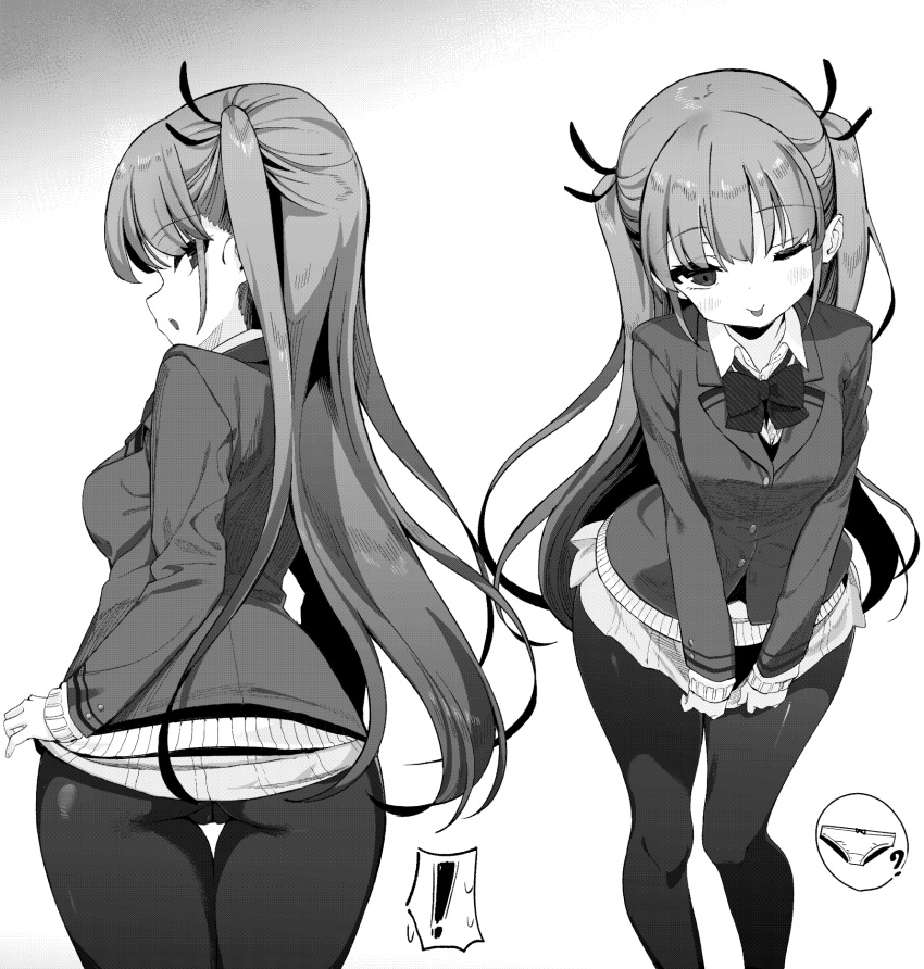 ! 1girl ;p ? ass blazer bow bowtie breasts eyebrows_visible_through_hair gradient gradient_background grey_background greyscale hair_ribbon head_tilt highres jacket leaning_forward long_hair long_sleeves looking_at_viewer looking_back medium_breasts miniskirt monochrome multiple_tails one_eye_closed original pantyhose pleated_skirt profile ribbon school_uniform skirt spoken_exclamation_mark spoken_panties tail takakura thigh_gap tongue tongue_out two_side_up white_background