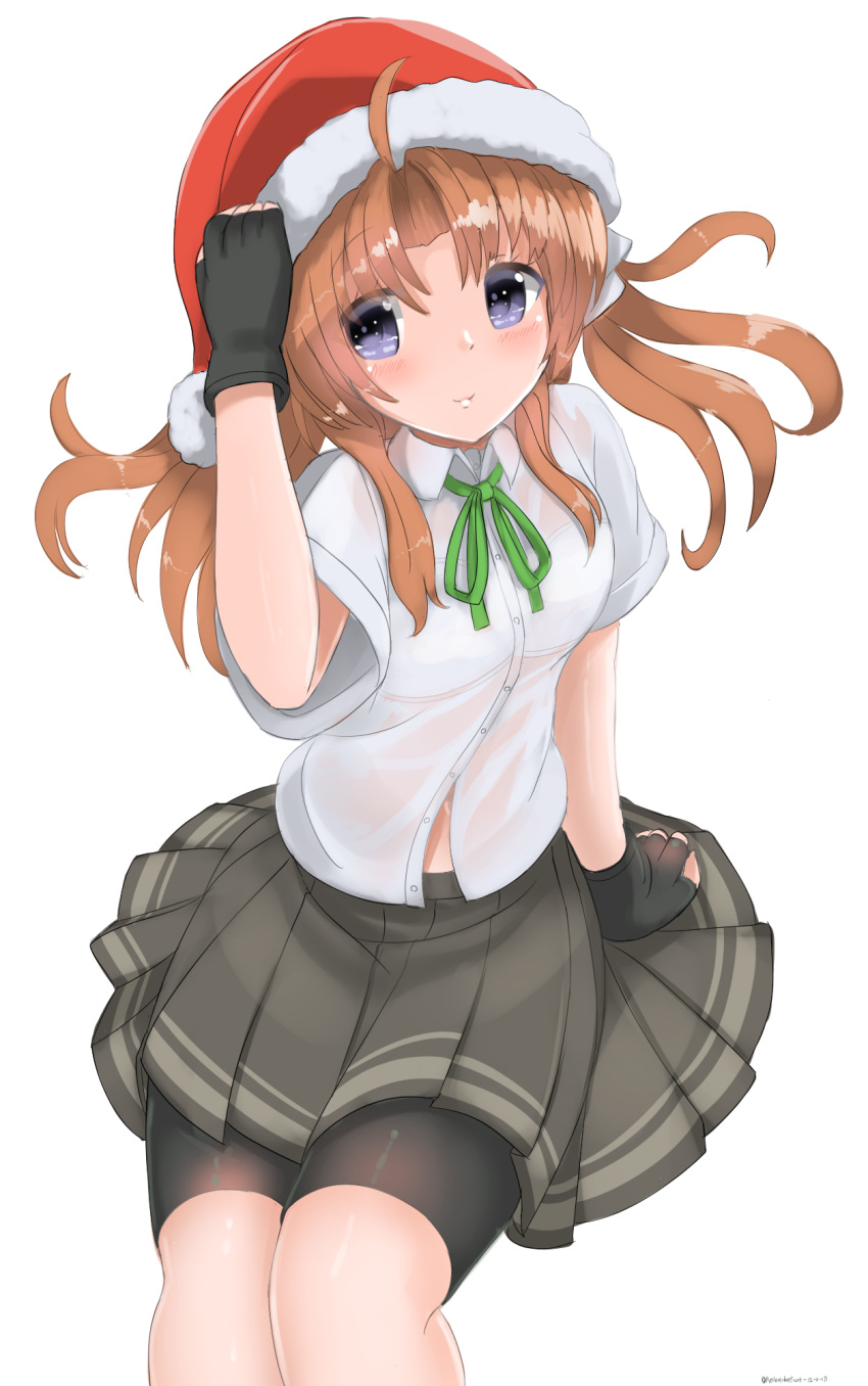 1girl ahoge arm_support arm_up bike_shorts black_gloves black_shorts blush bra brown_hair buttons collared_shirt dress_shirt eyes_visible_through_hair fingerless_gloves gloves green_neckwear green_ribbon grey_skirt hair_ribbon hat highres invisible_chair kagerou_(kantai_collection) kantai_collection long_hair looking_at_viewer neck_ribbon no_vest partially_unbuttoned pleated_skirt red_hat redundant-cat remodel_(kantai_collection) ribbon santa_hat see-through shirt short_sleeves shorts shorts_under_skirt sidelocks simple_background sitting skirt smile solo twintails twitter_username underwear violet_eyes white_background white_bra white_ribbon white_shirt wing_collar
