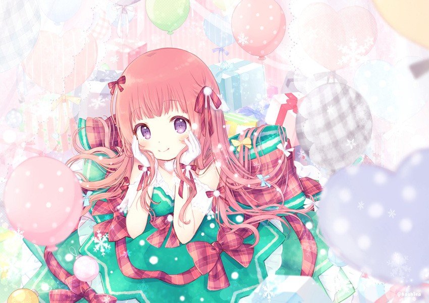 1girl balloon bangs bare_shoulders blurry blurry_foreground blush christmas closed_mouth commentary_request depth_of_field dress eyebrows_visible_through_hair gloves green_dress hair_ribbon hands_on_own_cheeks hands_on_own_face hands_up heart_balloon kon_hoshiro long_dress long_hair looking_at_viewer original pink_hair plaid plaid_ribbon polka_dot red_ribbon ribbon sitting smile solo tareme violet_eyes white_gloves