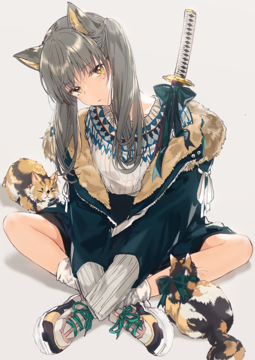 1girl :| animal_ears bangs black_jacket black_ribbon calico cat cat_ears closed_mouth dangmill freckles fur-trimmed_jacket fur_trim grey_background grey_hair highres jacket legs_crossed long_hair looking_at_viewer original ribbon shoes sitting sleeves_past_wrists sneakers socks solo sword twintails weapon white_legwear white_ribbon yellow_eyes