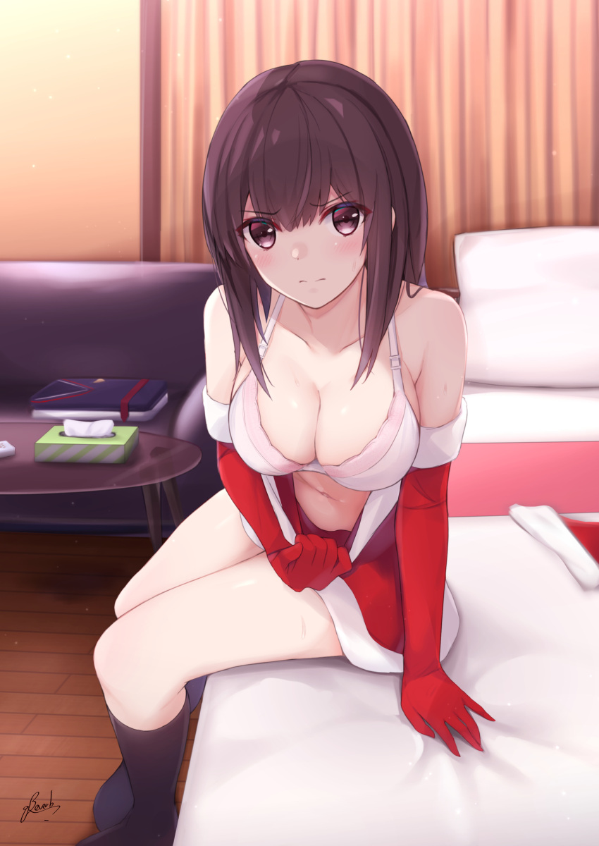 1girl absurdres artist_name bare_shoulders bee_doushi blush bra breasts brown_eyes brown_hair christmas cleavage collarbone couch curtains elbow_gloves eyebrows_visible_through_hair frown gloves hair_between_eyes hat highres indoors kneehighs large_breasts long_hair looking_at_viewer navel on_bed original pillow pulled_by_self santa_costume santa_hat shiny shiny_skin signature sitting solo sweat tissue_box underwear wooden_floor