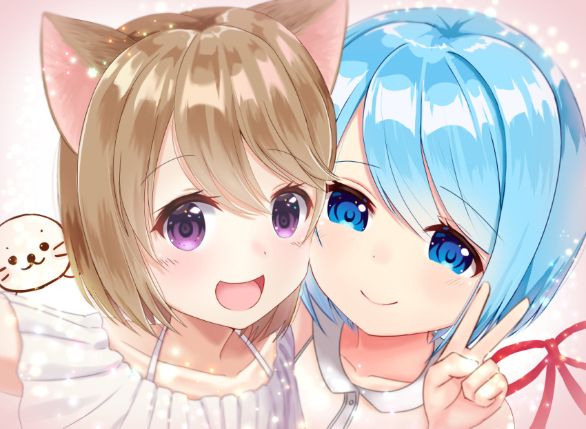 2girls :d bangs blue_eyes blue_hair blush brown_hair character_request closed_mouth collarbone commentary_request copyright_request dress eyebrows_visible_through_hair hair_between_eyes hand_up maid_no_yuki-san mimikaki_(men_bow) multiple_girls open_mouth portrait short_hair sleeveless sleeveless_dress smile v violet_eyes virtual_youtuber white_dress