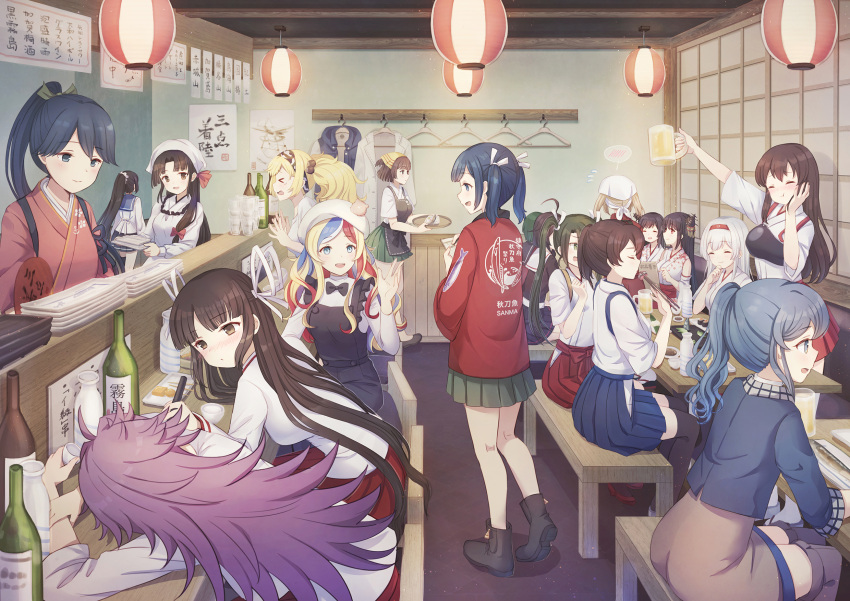 &gt;_&lt; 6+girls :d ^_^ ^o^ ahoge akagi_(kantai_collection) alcohol alternate_costume bare_shoulders beer beer_mug beret black_dress black_eyes black_footwear black_hair black_legwear black_serafuku black_skirt blonde_hair blue_eyes blue_hair blue_hakama blush boots bottle brown_eyes brown_hair chopsticks closed_eyes closed_eyes clothes_writing commandant_teste_(kantai_collection) cup detached_sleeves dress emia_wang eyebrows_visible_through_hair fan fish floral_print flying_sweatdrops food fusou_(kantai_collection) gambier_bay_(kantai_collection) gotland_(kantai_collection) green_eyes green_hair green_hakama grey_footwear hair_flaps hair_ornament hakama hakama_skirt happi hat headband headdress highres hiryuu_(kantai_collection) hiyou_(kantai_collection) holding holding_chopsticks holding_cup holding_tray houshou_(kantai_collection) isokaze_(kantai_collection) jacket japanese_clothes jun'you_(kantai_collection) kaga_(kantai_collection) kantai_collection kappougi kimono long_hair long_sleeves michishio_(kantai_collection) mogami_(kantai_collection) multiple_girls muneate one_side_up open_mouth paper_fan pink_kimono pleated_skirt ponytail purple_hair red_eyes red_hakama red_headband redhead remodel_(kantai_collection) sake_bottle school_uniform serafuku shigure_(kantai_collection) shirt short_hair short_sleeves shouhou_(kantai_collection) shoukaku_(kantai_collection) side_ponytail single_thighhigh sitting skirt smile souryuu_(kantai_collection) spiky_hair spoken_blush standing sushi tasuki tears thigh-highs thigh_boots tray twintails uchiwa white_hair white_hat white_jacket white_legwear white_shirt yamashiro_(kantai_collection) zuikaku_(kantai_collection)