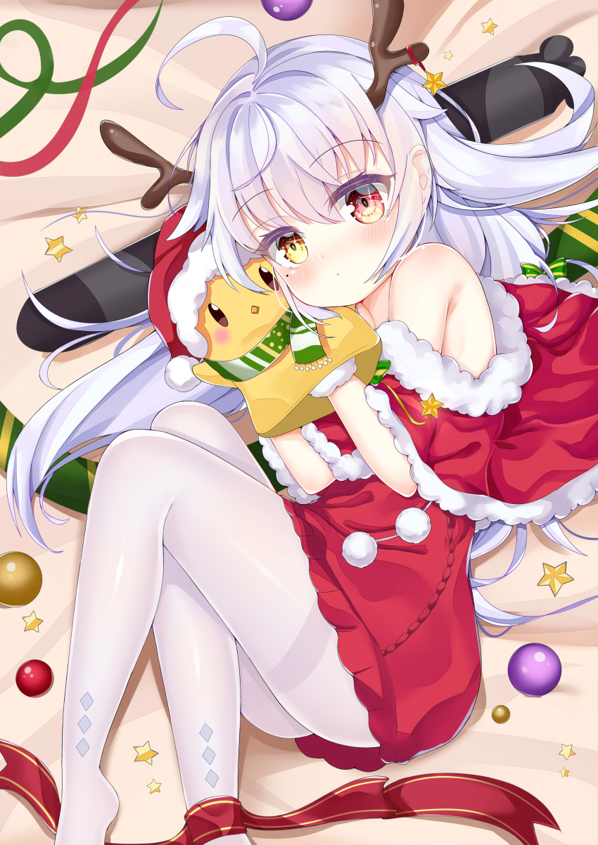 1girl :&lt; absurdres ahoge antlers azur_lane bangs bare_shoulders blush brown_eyes capelet christmas christmas_ornaments closed_mouth commentary_request dress eyebrows_visible_through_hair fake_antlers feet_out_of_frame fur-trimmed_capelet fur-trimmed_hat fur_trim green_scarf hair_between_eyes hand_puppet hands_up hat hetero highres ju_(a793391187) long_hair looking_at_viewer lying nicholas_(azur_lane) no_shoes on_side pantyhose puppet red_capelet red_dress red_eyes red_hat red_ribbon reindeer_antlers ribbon santa_costume santa_hat scarf silver_hair solo star sweater sweater_dress thighband_pantyhose torpedo very_long_hair white_legwear