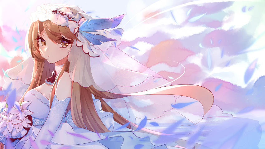 1girl absurdres artist_request bridal_veil brown_eyes closed_mouth commentary_request dress flower hair_ornament highres long_hair partial_commentary solo steelblue_mirage tagme veil white_dress