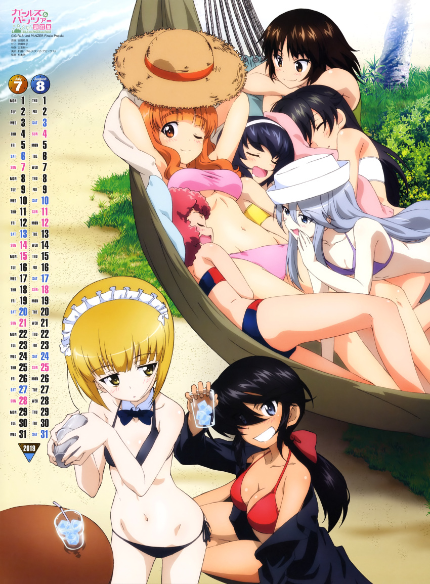 :d absurdres bangs beach bikini black_bikini black_hair blonde_hair bow bowtie breasts brown_eyes brown_hair calendar_(medium) cleavage cutlass_(girls_und_panzer) day eyebrows_visible_through_hair flint_(girls_und_panzer) girls_und_panzer glass grass grey_eyes grey_hair hair_ribbon hairband hammock hat head_on_arm highres holding ice ice_cube isuzu_hana large_breasts legs long_hair lying maid_headdress multiple_girls murakami_(girls_und_panzer) navel official_art ogin_(girls_und_panzer) on_back on_side one_eye_closed one_eye_covered open_clothes open_mouth open_shirt orange_hair outdoors palm_tree pink_bikini purple_bikini red_bikini_top redhead reizei_mako resting ribbon rum_(girls_und_panzer) sailor_hat sand shaker shore short_hair sleeping small_breasts smile straw sun_hat swimsuit table takebe_saori tree under_boob water whispering yellow_eyes yoshida_nobuyoshi