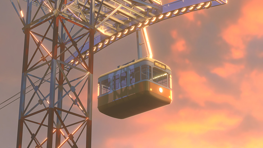 artist_name cable_car clouds cloudy_sky commentary_request highres making_of mclelun no_humans original outdoors red_sky sky sunset tagme tower
